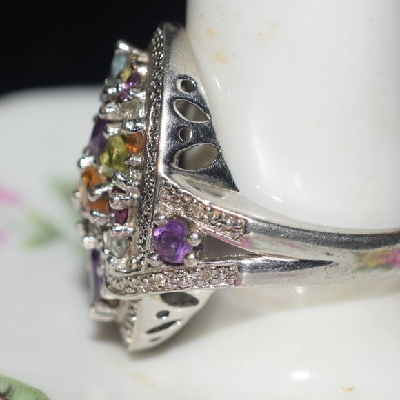 Boxed Sterling Silver Genuine Multi Gem Stoned Diamond Ring 9.3 Grams - Picture 2 of 9